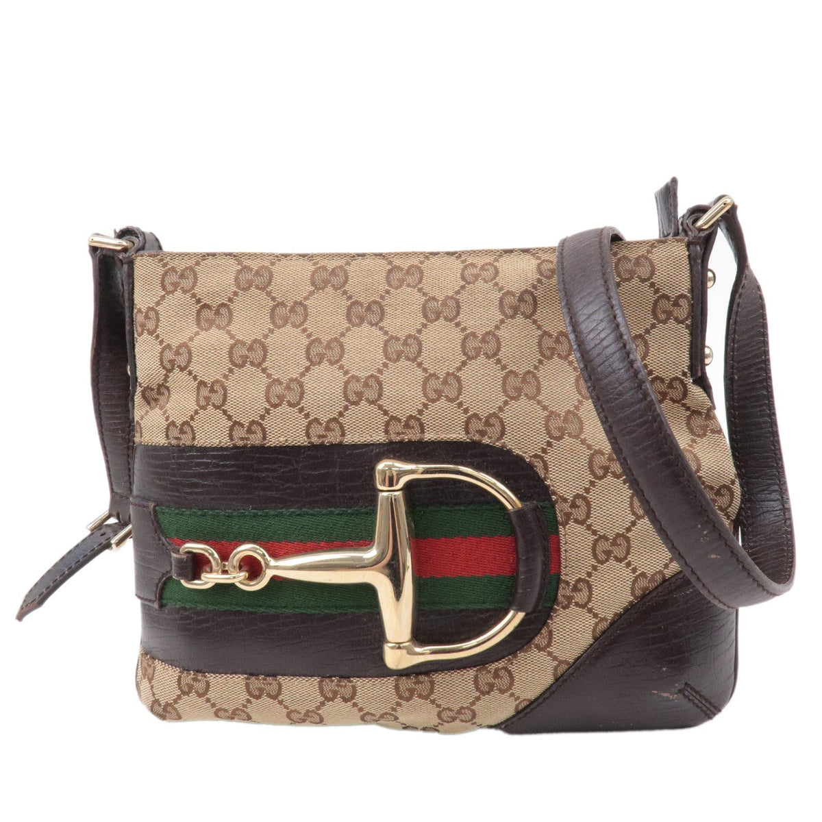 GUCCI Horsebit Sherry GG Canvas Leather Shoulder Bag Brown 141506