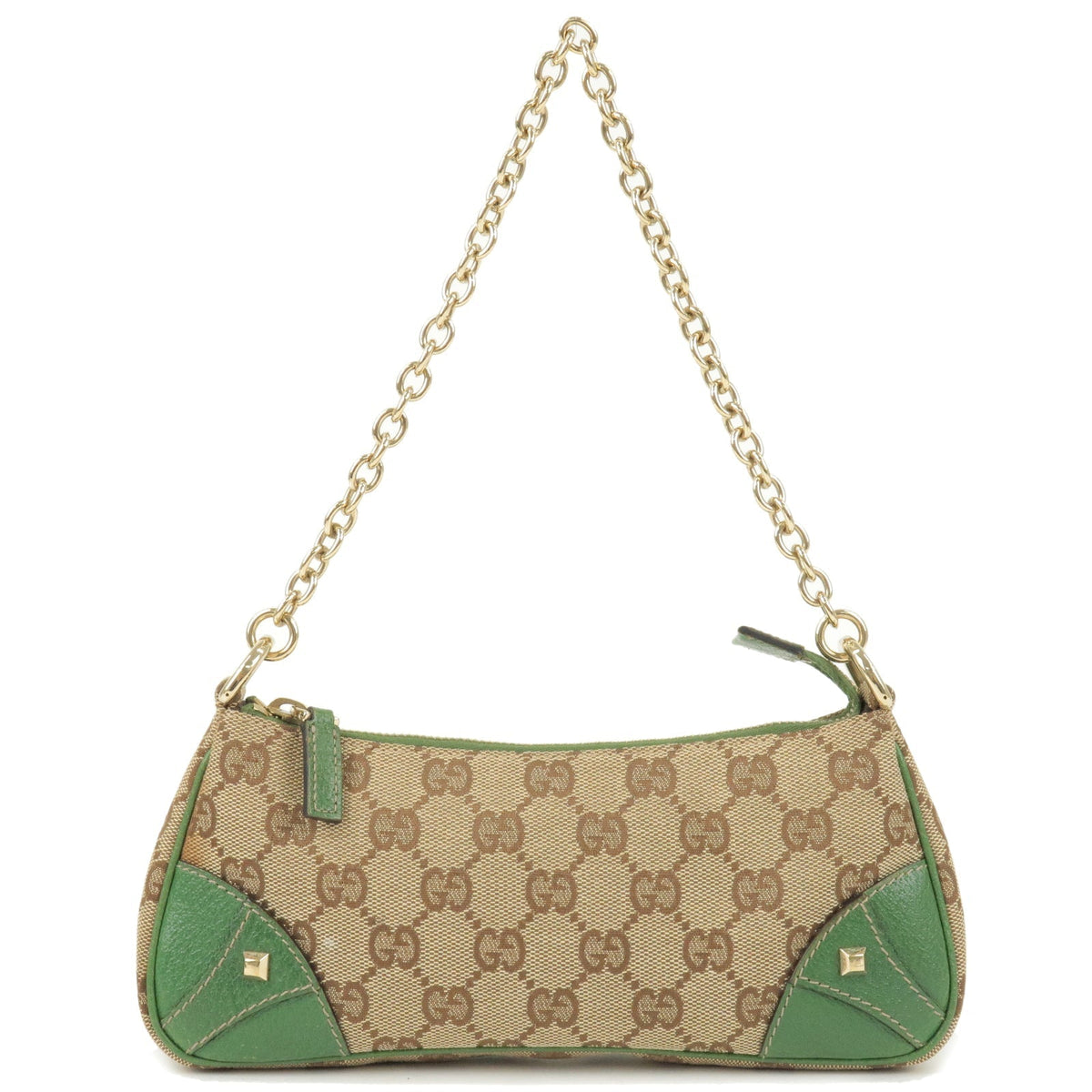 GUCCI GG Canvas Leather Studs Chain Shoulder Bag Green 120940