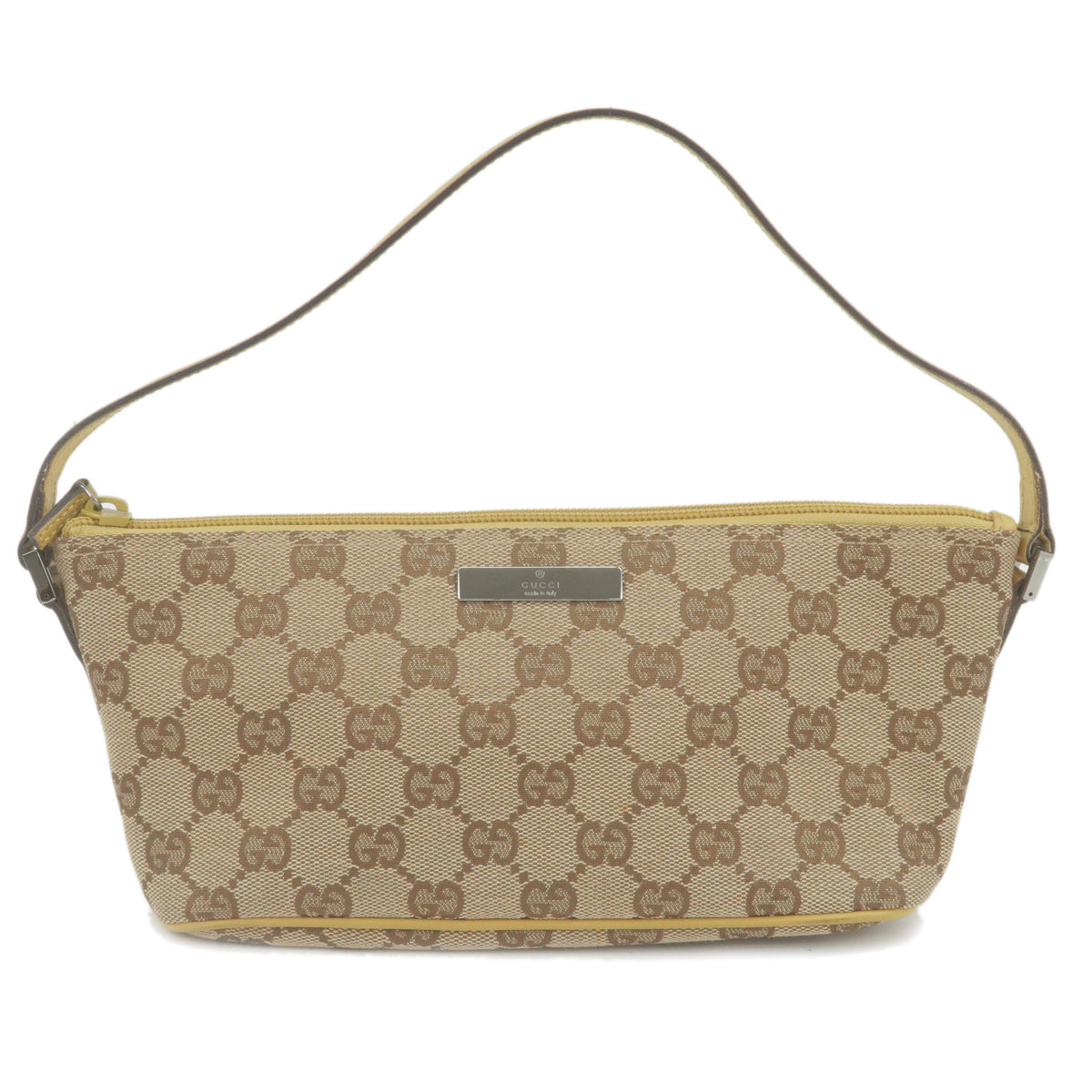 GUCCI GG Canvas Leather Pouch Boat Bag Brown Yellow 07198