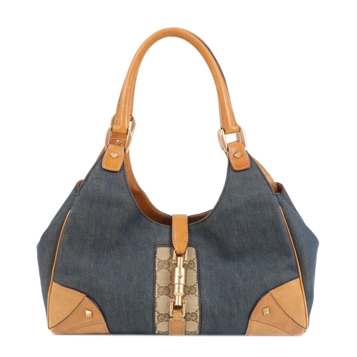 GUCCI New Jackie Denim Leather GG Canvas Shoulder Bag Navy 124407
