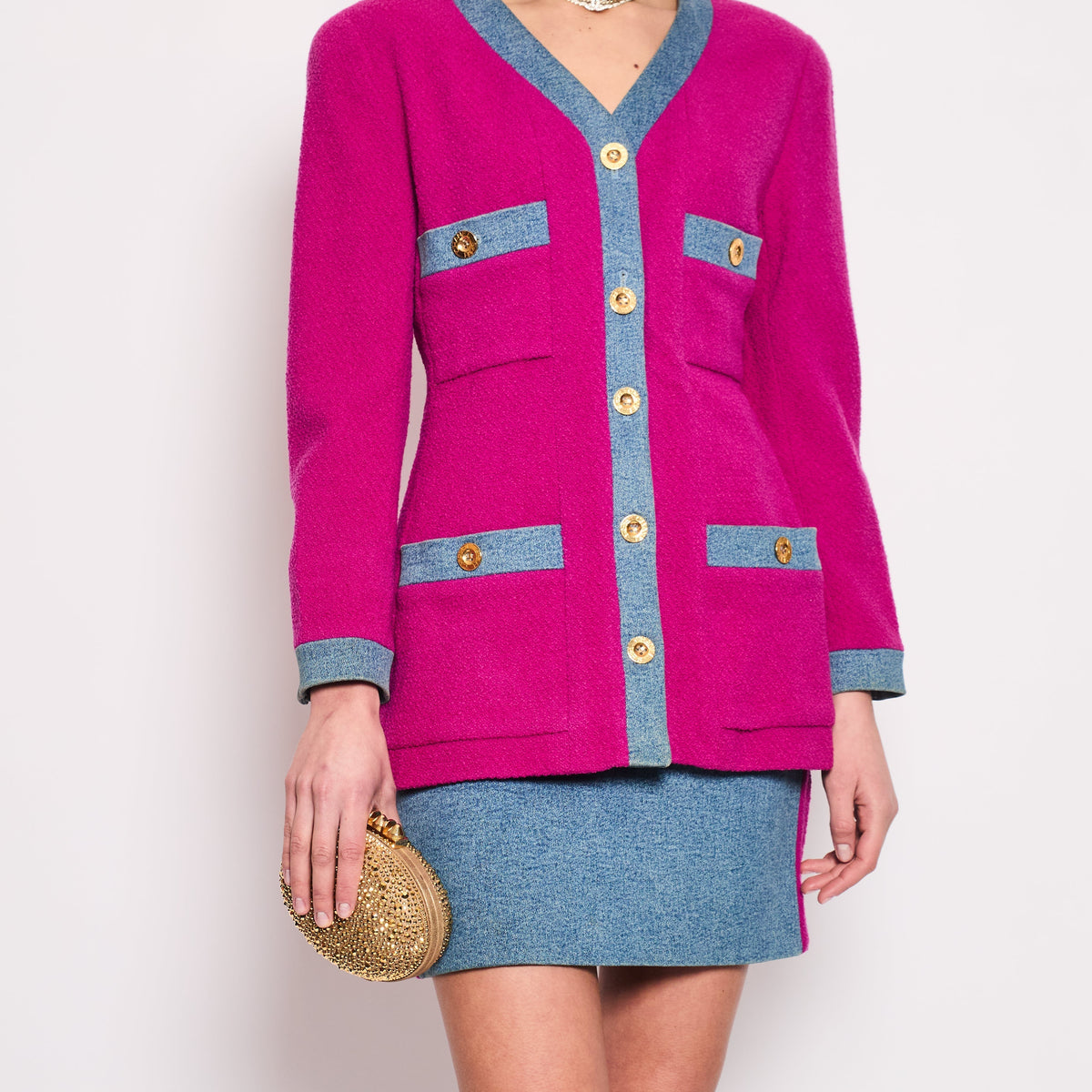 Chanel Fuchsia Pink Tweed Longline Blazer and Mini Skirt Set with Denim Trim & Gold Logo Button Detail Size FR 40 (UK 12)
