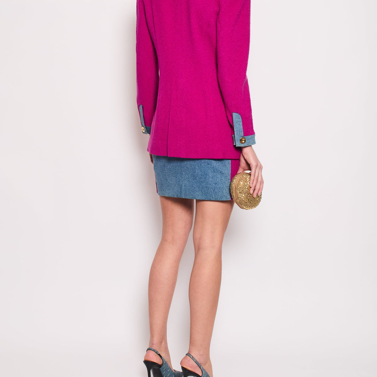 Chanel Fuchsia Pink Tweed Longline Blazer and Mini Skirt Set with Denim Trim & Gold Logo Button Detail Size FR 40 (UK 12)