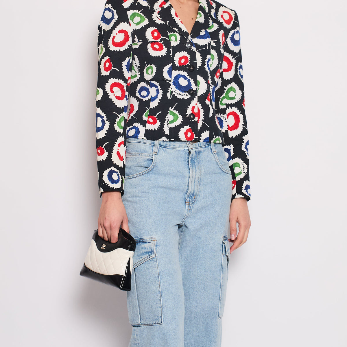 Chanel 97S Black Cropped Cotton Twill Jacket With Multi-Colour Abstract Print Detail FR 42 (UK 14)