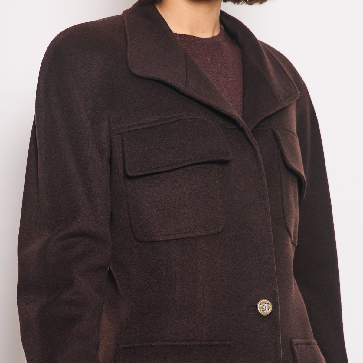 Chanel 98A Brown Cashmere Coat With Shoulder Pads and Pocket Details FR 42 (UK 14)