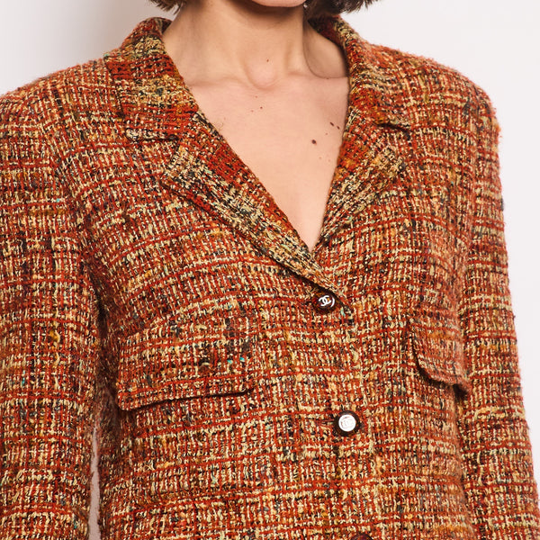 *HOT* Chanel 98A Vintage Burnt Orange & Multicolour Tweed Long Jacket and Skirt Set with Brown CC Logo Buttons Size FR 36 (UK 8)