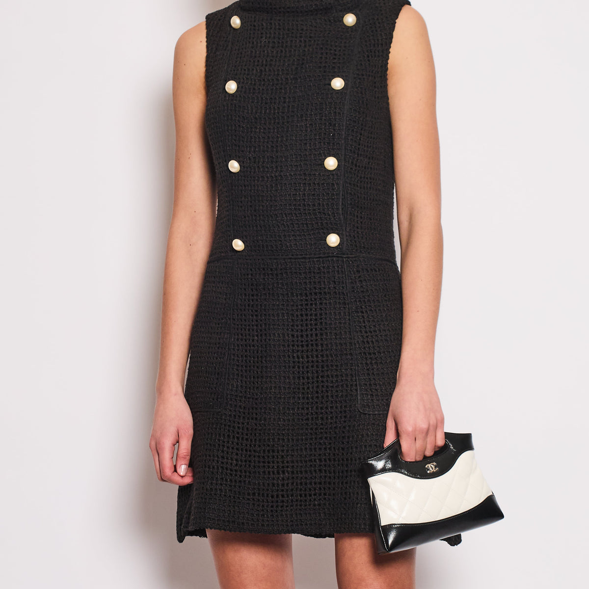 Chanel Black Knit Sleeveless Mini Dress with White Pearl Logo Details FR 40 (UK 12)