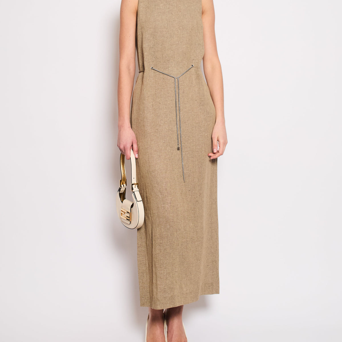 Chanel 08P Beige Sleeveless Linen Maxi Dress with Silver CC Logo Chain Detail FR 40 (UK 12)