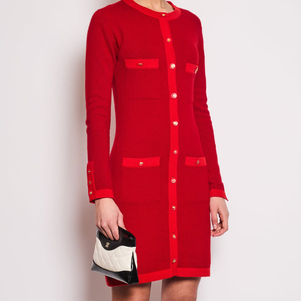 *HOT* Chanel Red Long Sleeve Knit Mini Dress with Multi Icon Logo Button Details FR 38 (UK 10)