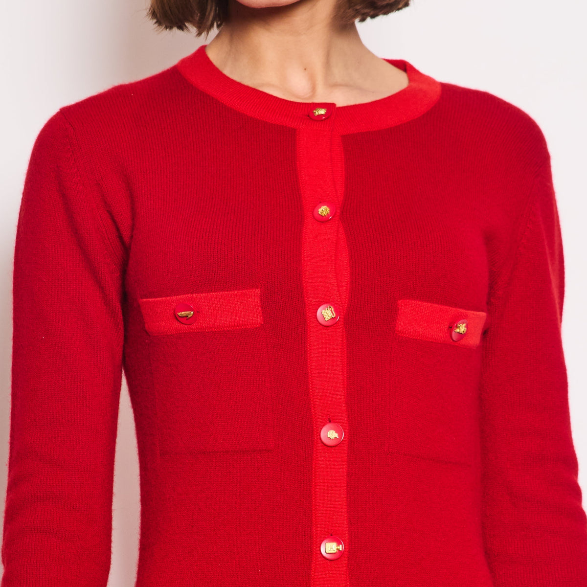*HOT* Chanel Red Long Sleeve Knit Mini Dress with Multi Icon Logo Button Details FR 38 (UK 10)