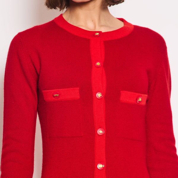 *HOT* Chanel Red Long Sleeve Knit Mini Dress with Multi Icon Logo Button Details FR 38 (UK 10)