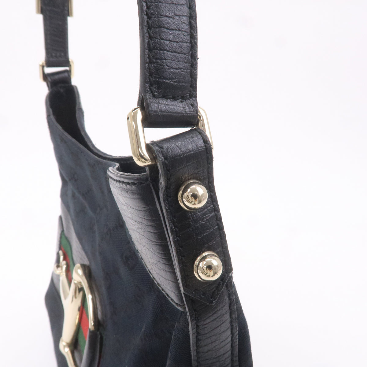 GUCCI Horsebit GG Canvas Leather Shoulder Bag Black 137388