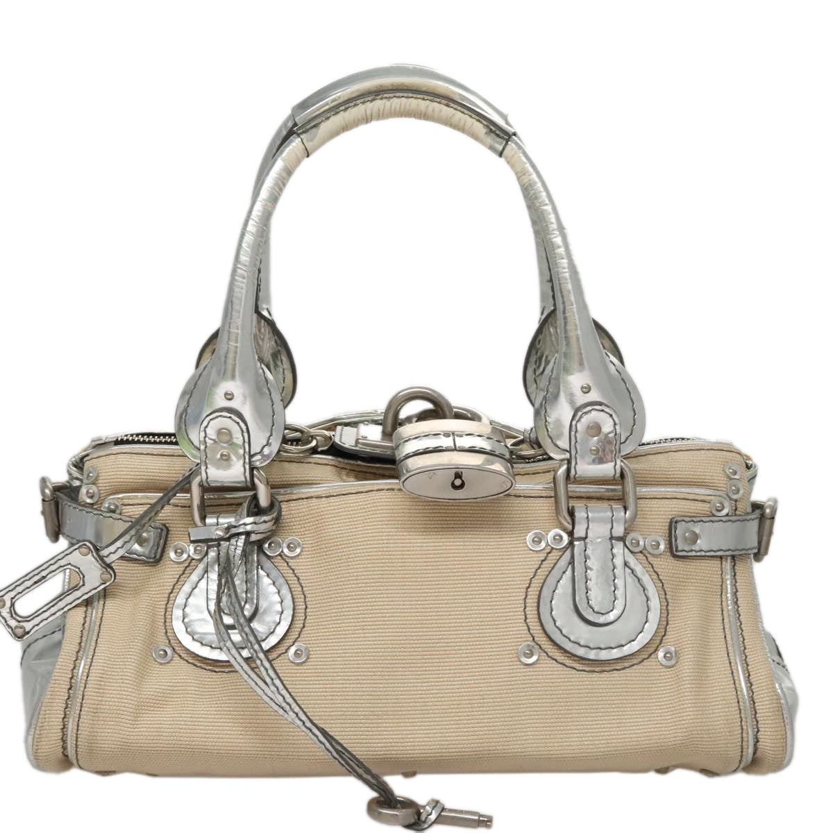 Chloe Paddington Hand Bag Canvas Leather Beige Silver 105762