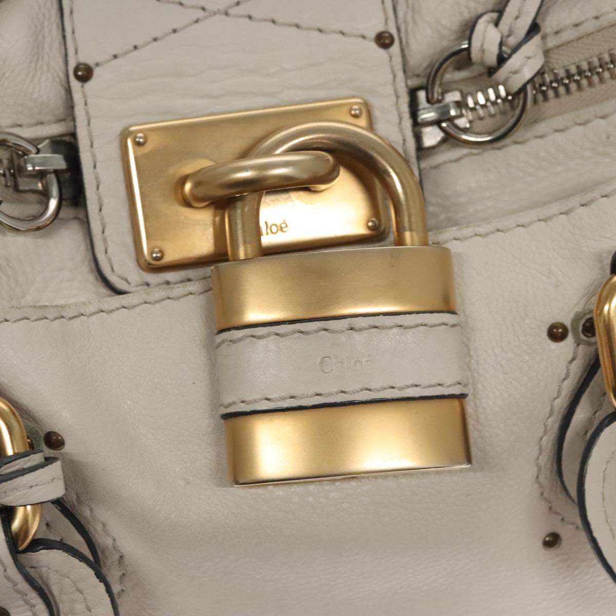 Chloe Paddington Hand Bag Leather White Gold Silver 107360