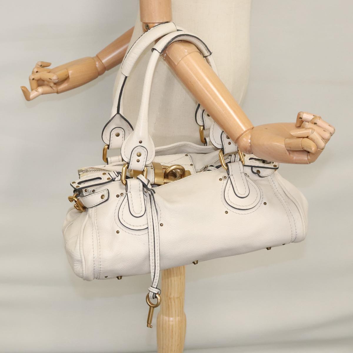 Chloe Paddington Hand Bag Leather White Gold Silver 107360