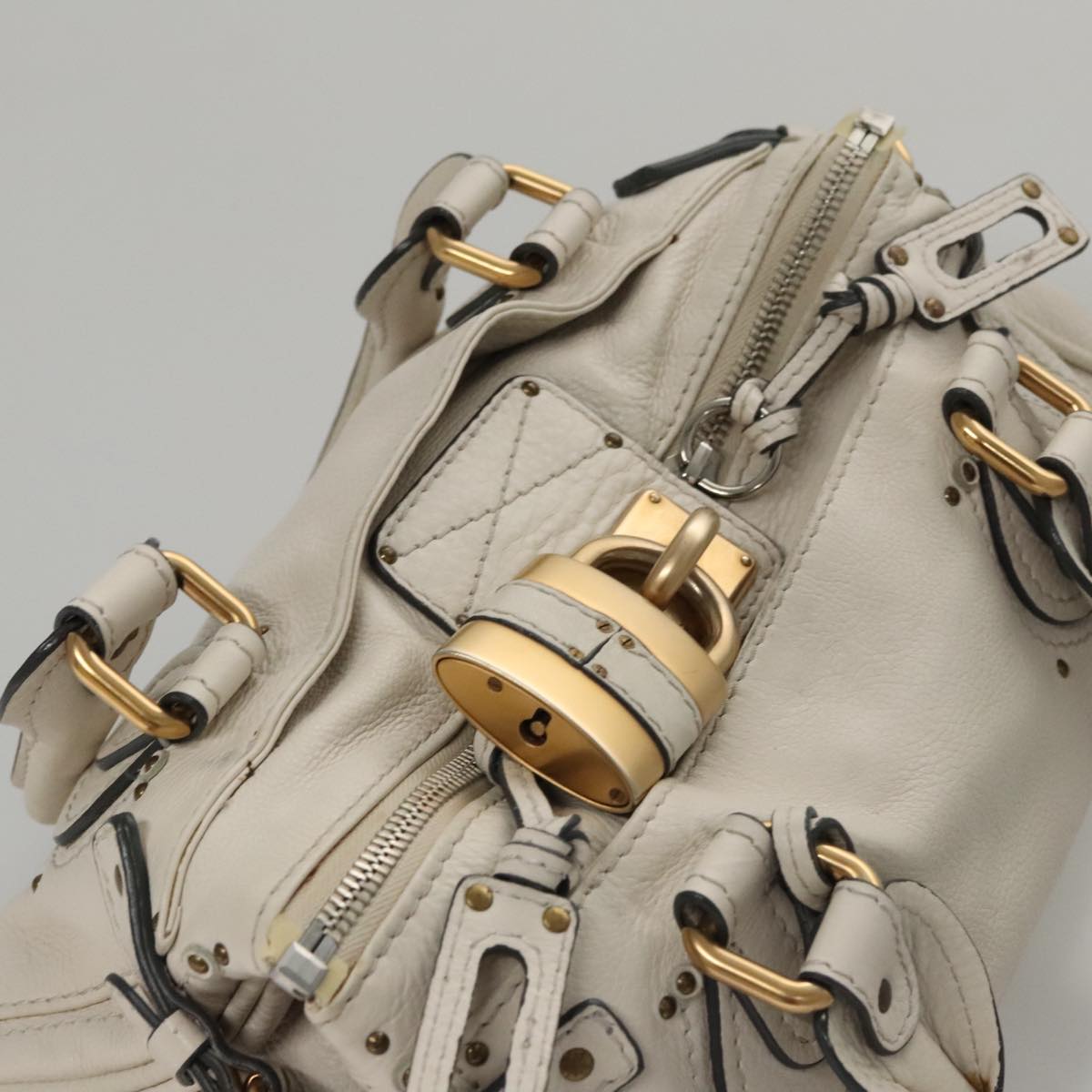 Chloe Paddington Hand Bag Leather White Gold Silver 107360