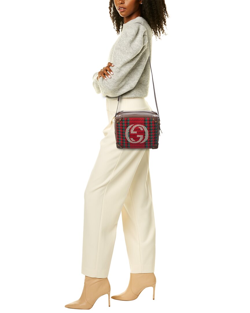 Gucci Houndstooth & Stripe Interlocking G Printed Wool & Leather Shoulder Bag