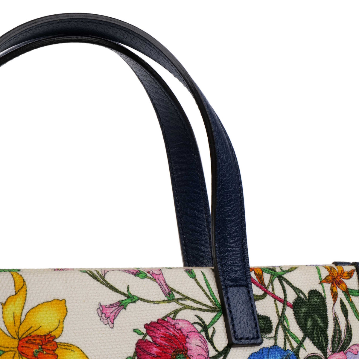 Gucci Floral Canvas Tote with Blue Leather Trim.
