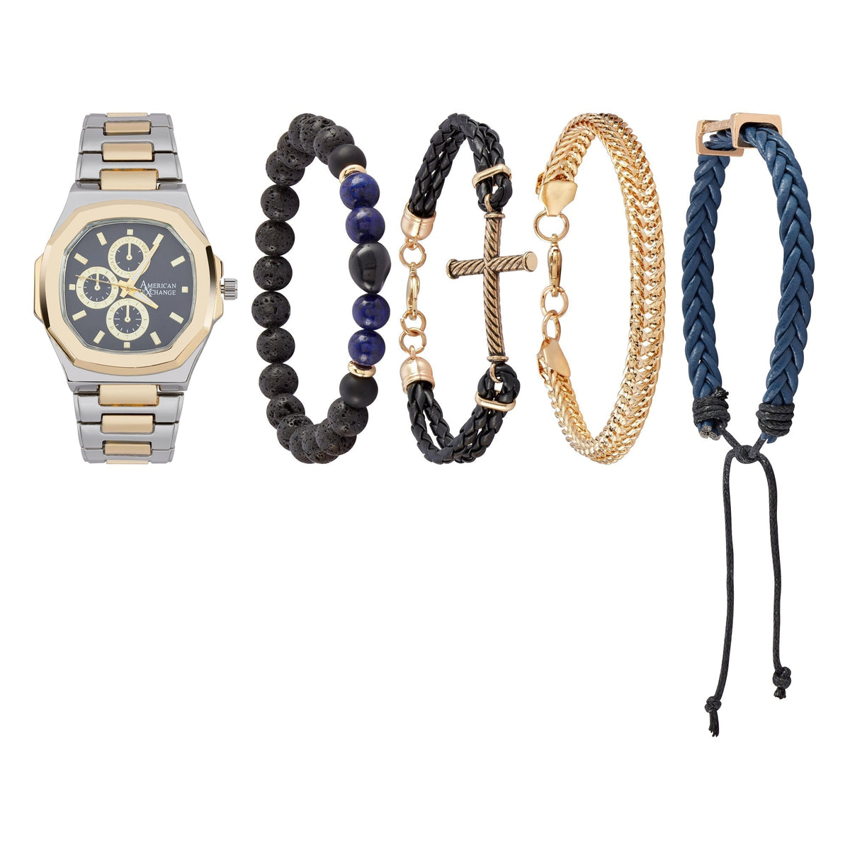 American Exchange Men's Analog Watch And 4 Piece Bracelet Set, Navy/Two Tone