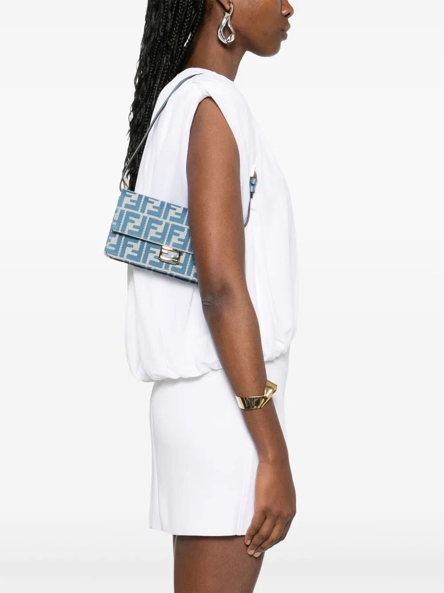 Fendi Women Denim-Effect Ff Jacquard Wallet On Chain Baguette Wallet