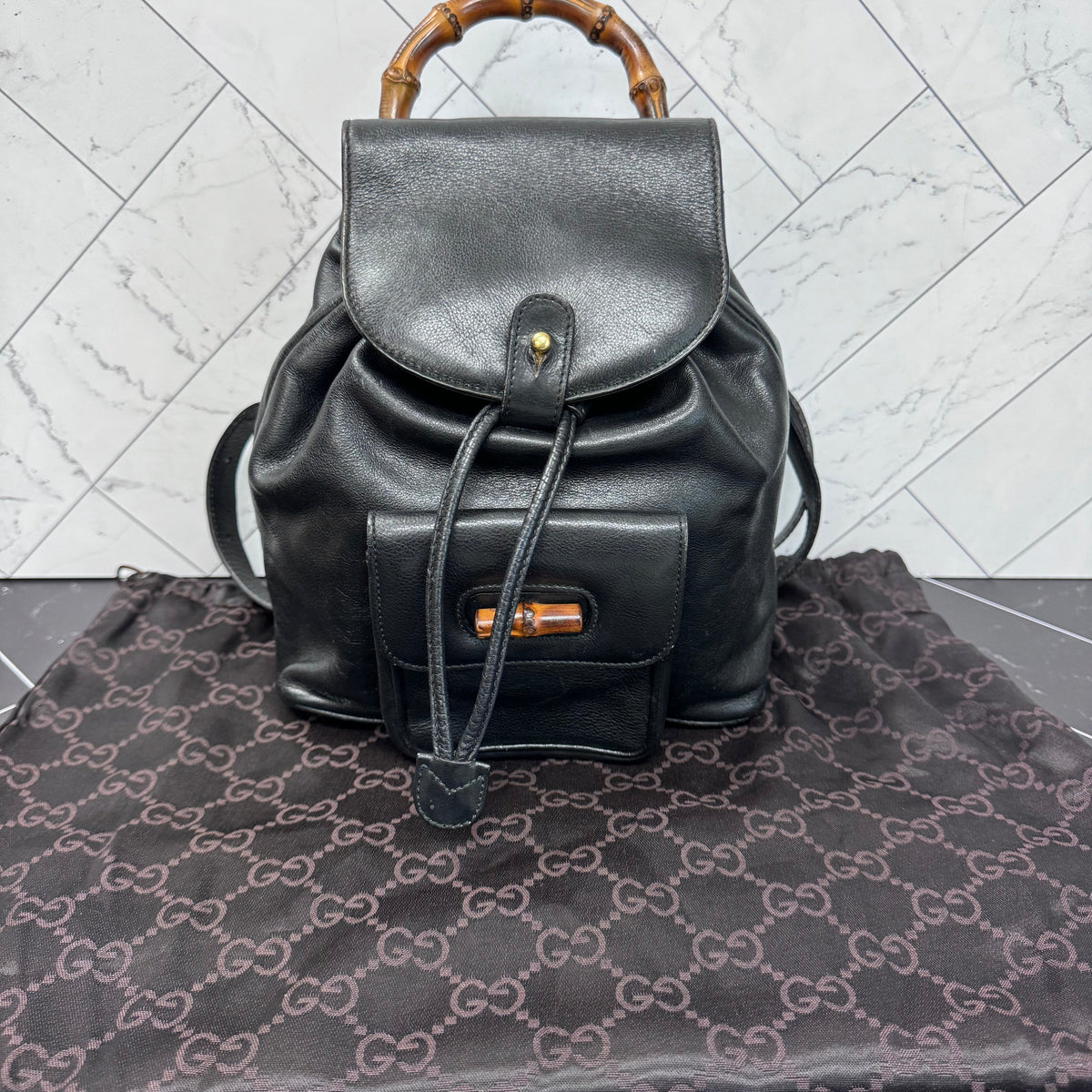 Gucci Black Leather Bamboo Small Backpack