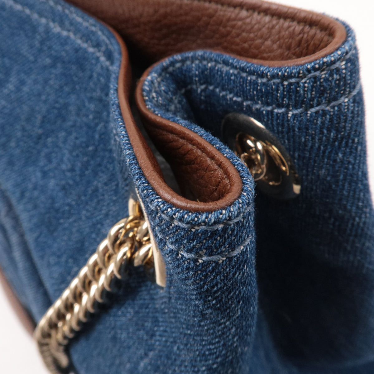 GUCCI SOHO Denim Leather Chain Shoulder Bag Blue Brown 308982