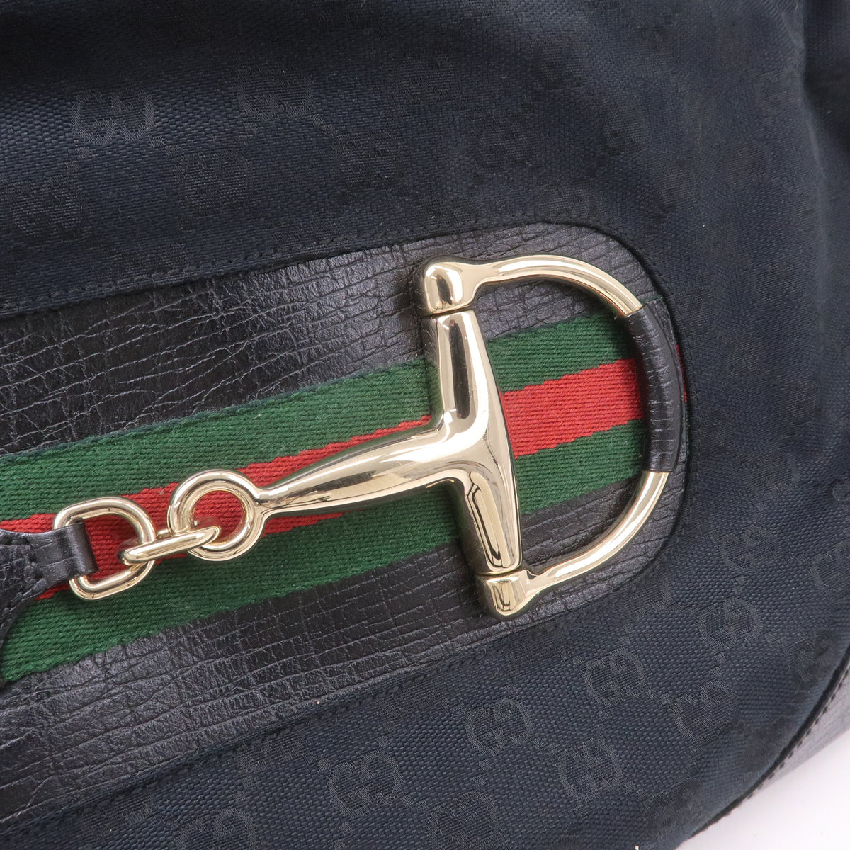 GUCCI Horsebit GG Canvas Leather Shoulder Bag Black 137388