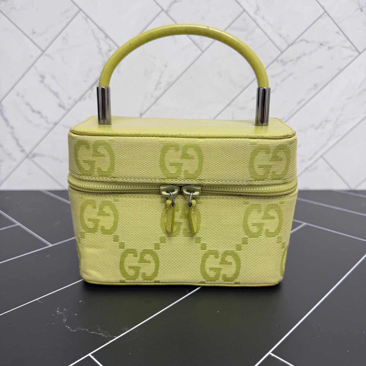 Gucci Green Canvas Top Handle Vanity Bag
