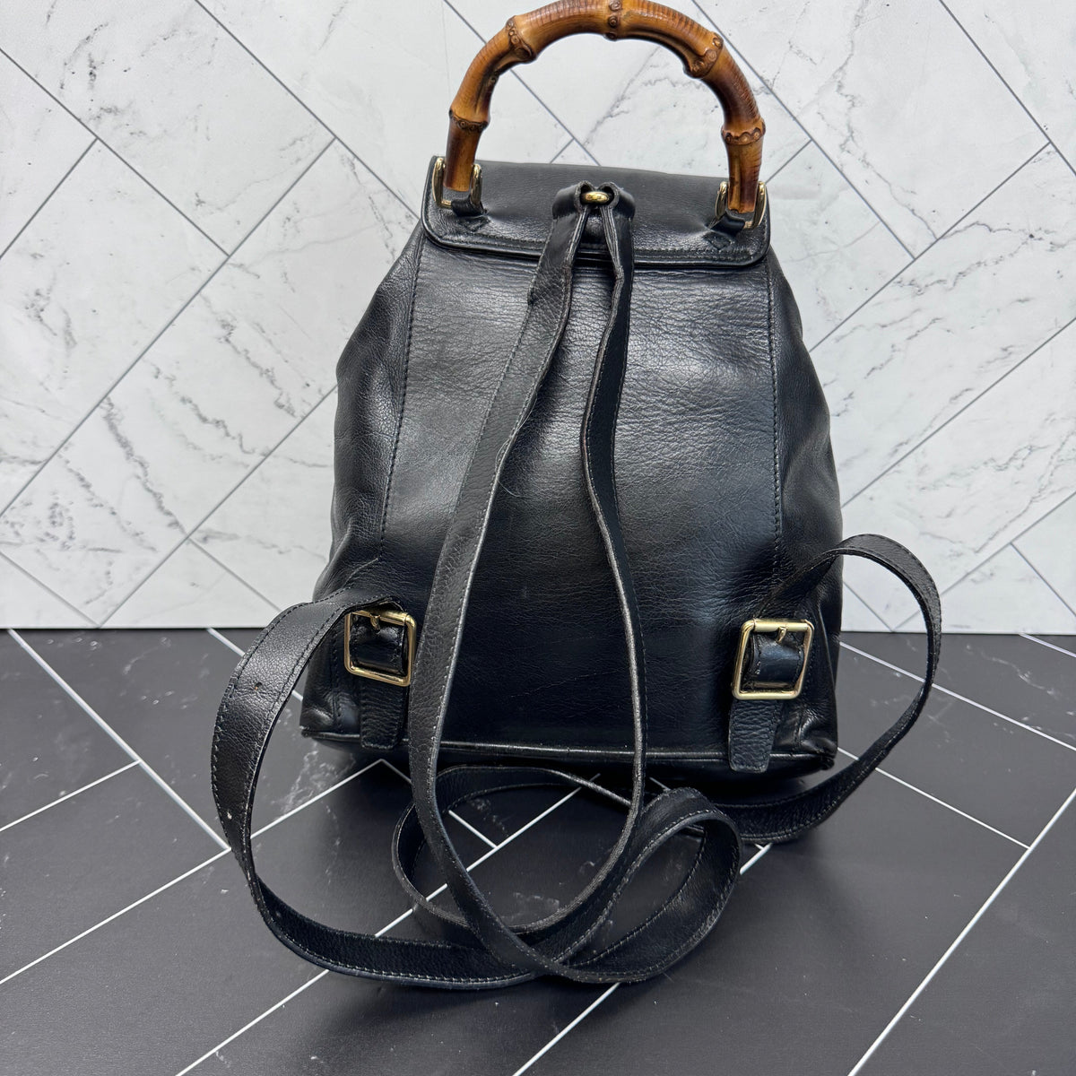 Gucci Black Leather Bamboo Small Backpack