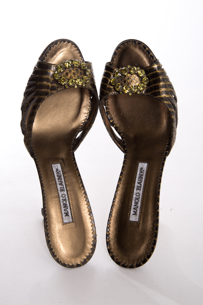 Manolo Blahnik Olive Embossed Exotic Leather Mules SZ 39