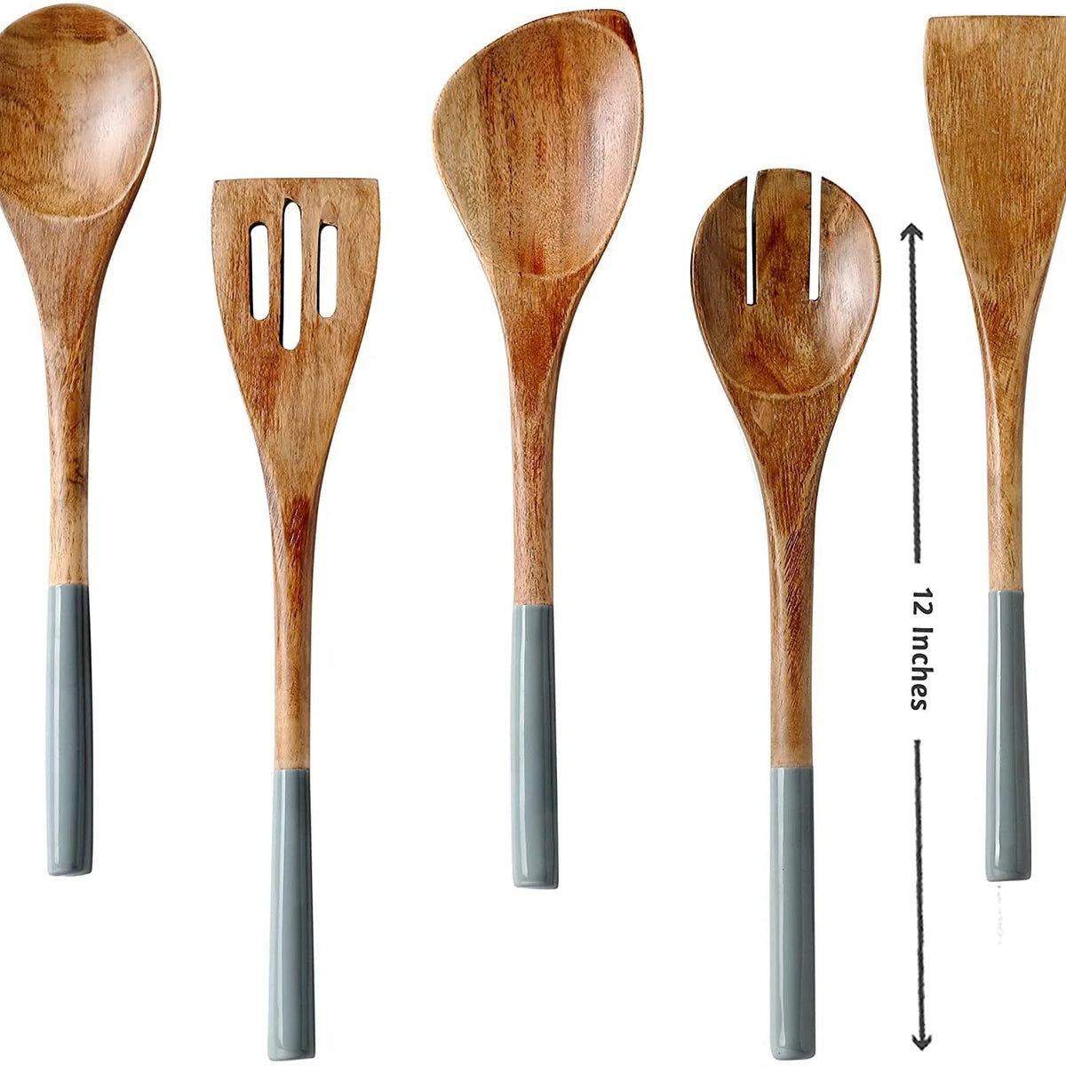 Wooden Spoons for Cooking, Set of 5 Wooden Utensils for Cooking, Nonstick Wooden Cooking Utensils, Kitchen Utensil Sets with Wooden Spoon Sets and Wooden Spatula - Gray/Grey