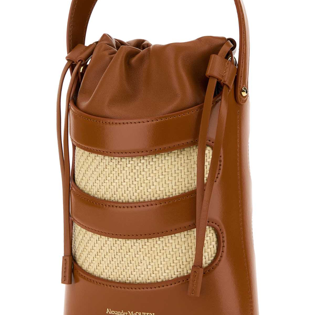 Alexander Mcqueen Women Two-Tone Leather And Raffia Mini The Rise Bucket Bag