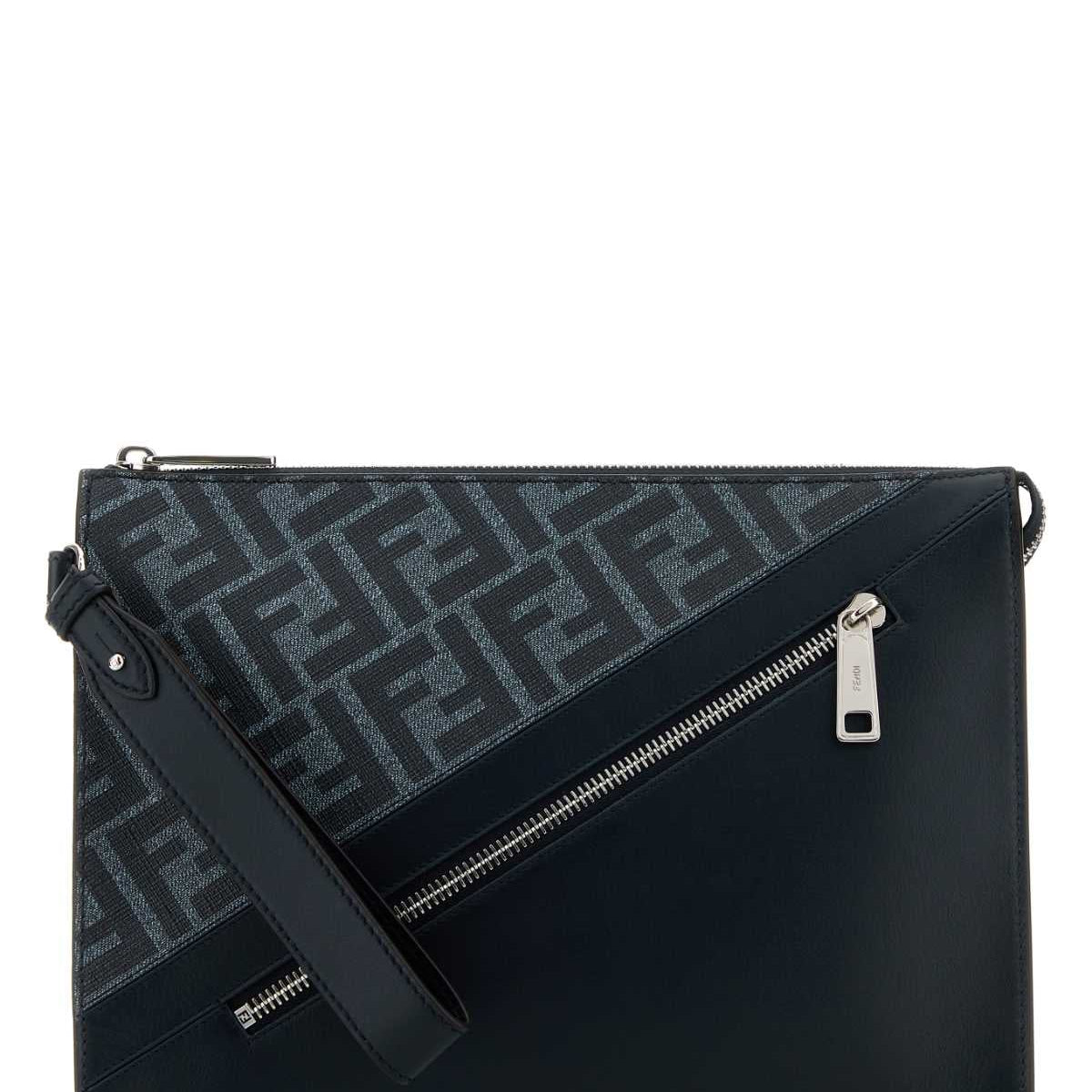 Fendi Men Embroidered Fabric And Leather Clutch
