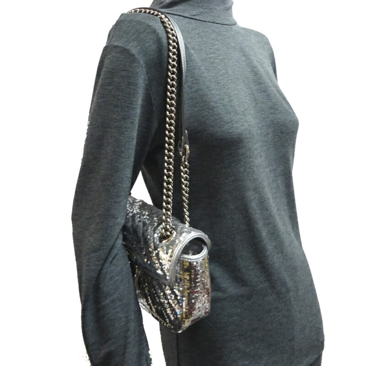 Gucci GG Marmont Mini Sequin Women's Shoulder Bag 446744 Leather Silver