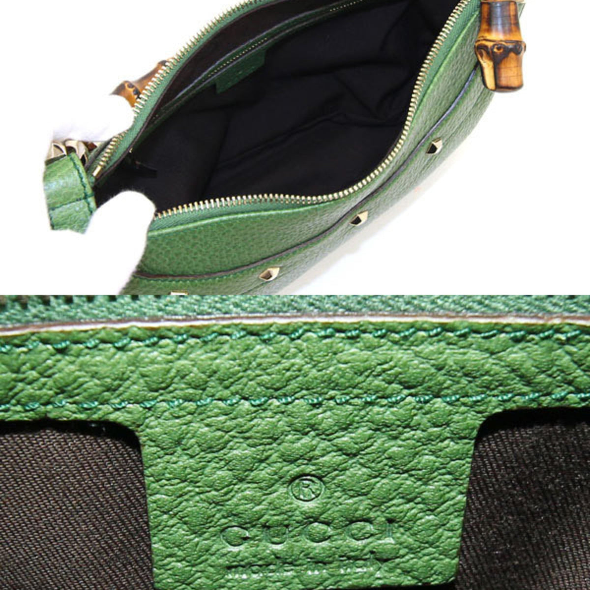 Gucci One Shoulder Bag Bamboo 137378 Green Leather Women's Handbag Studs GUCCI