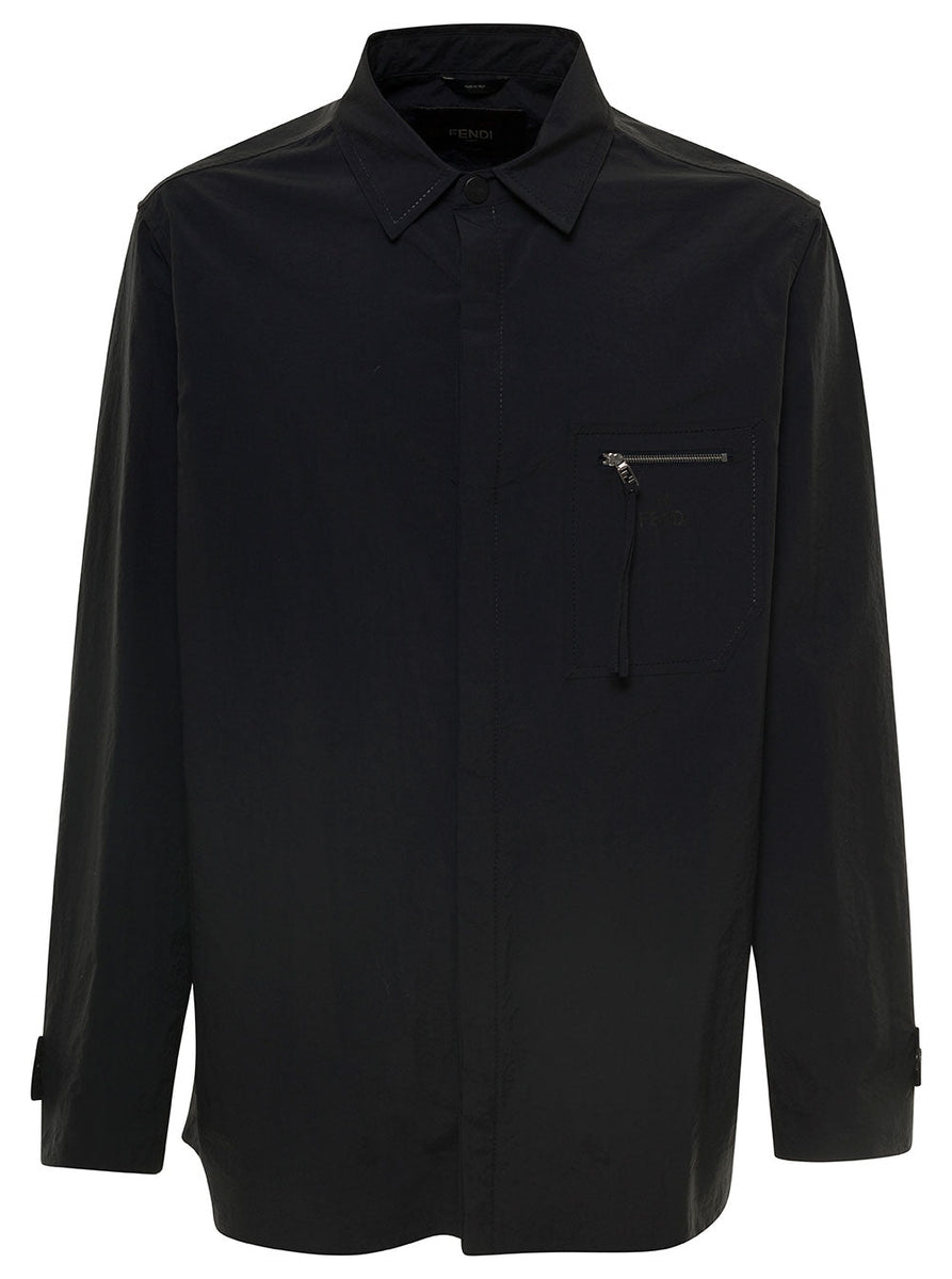 Fendi Men Blue Jacket With Patch Zipped Pocket And Logo In Nylon Man