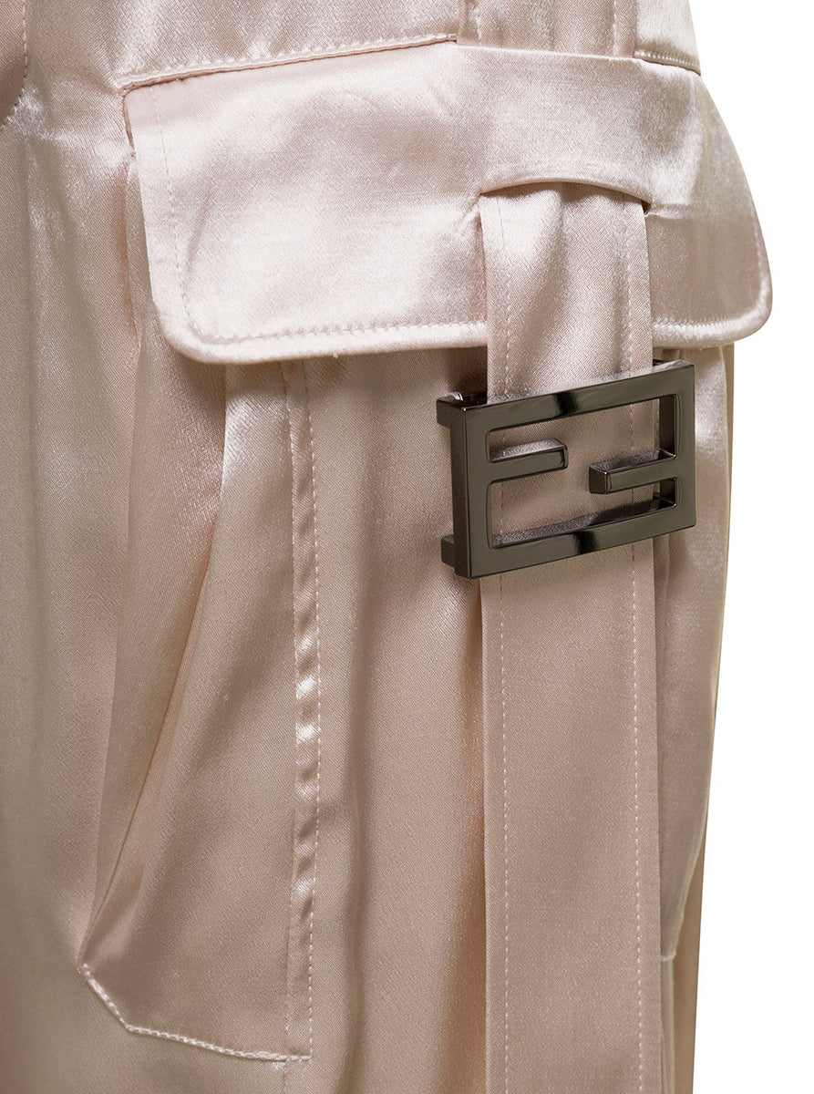 Fendi Women Ivory White Satin Cargo Pants With Ff Baguette Buckles In Viscose Woman