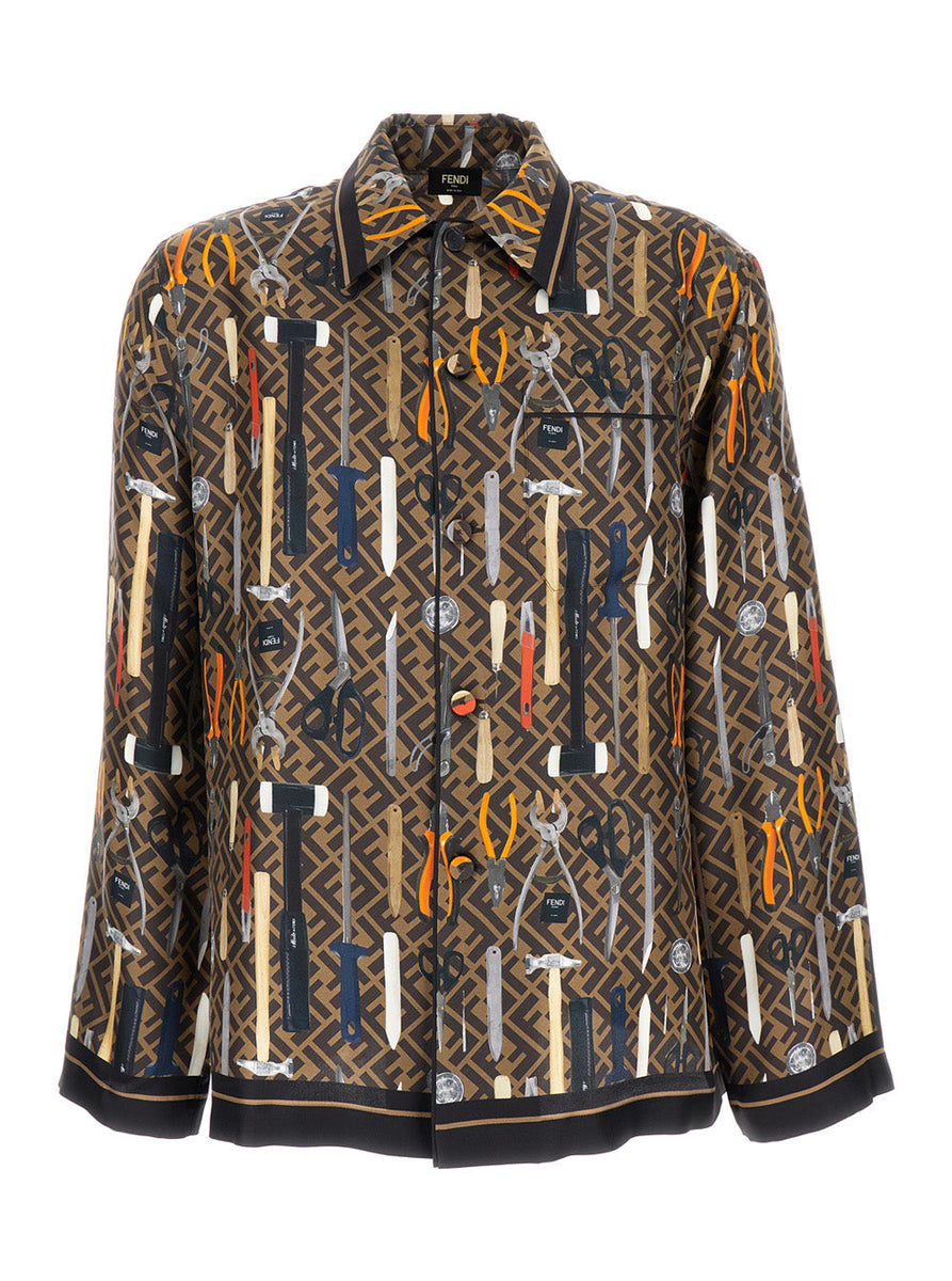 Fendi Men Multicolores All-Over Fendi Tools Print Shirt In Silk Man