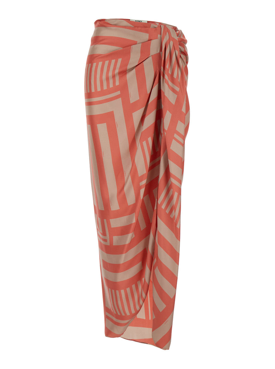 Fendi Women Midi Orange Skirt With Knot And Fendi Labyrinth Motif In Silk Woman