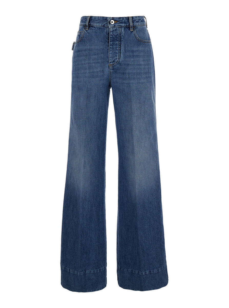 Bottega Veneta Women Blue Palazzo Pants With Logo Patch In Denim Woman