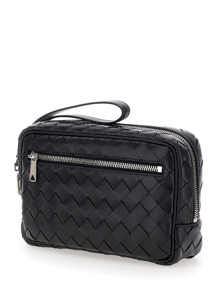 Bottega Veneta Men 'Intrecciato Small' Black Pouch With Strap In Leather Man