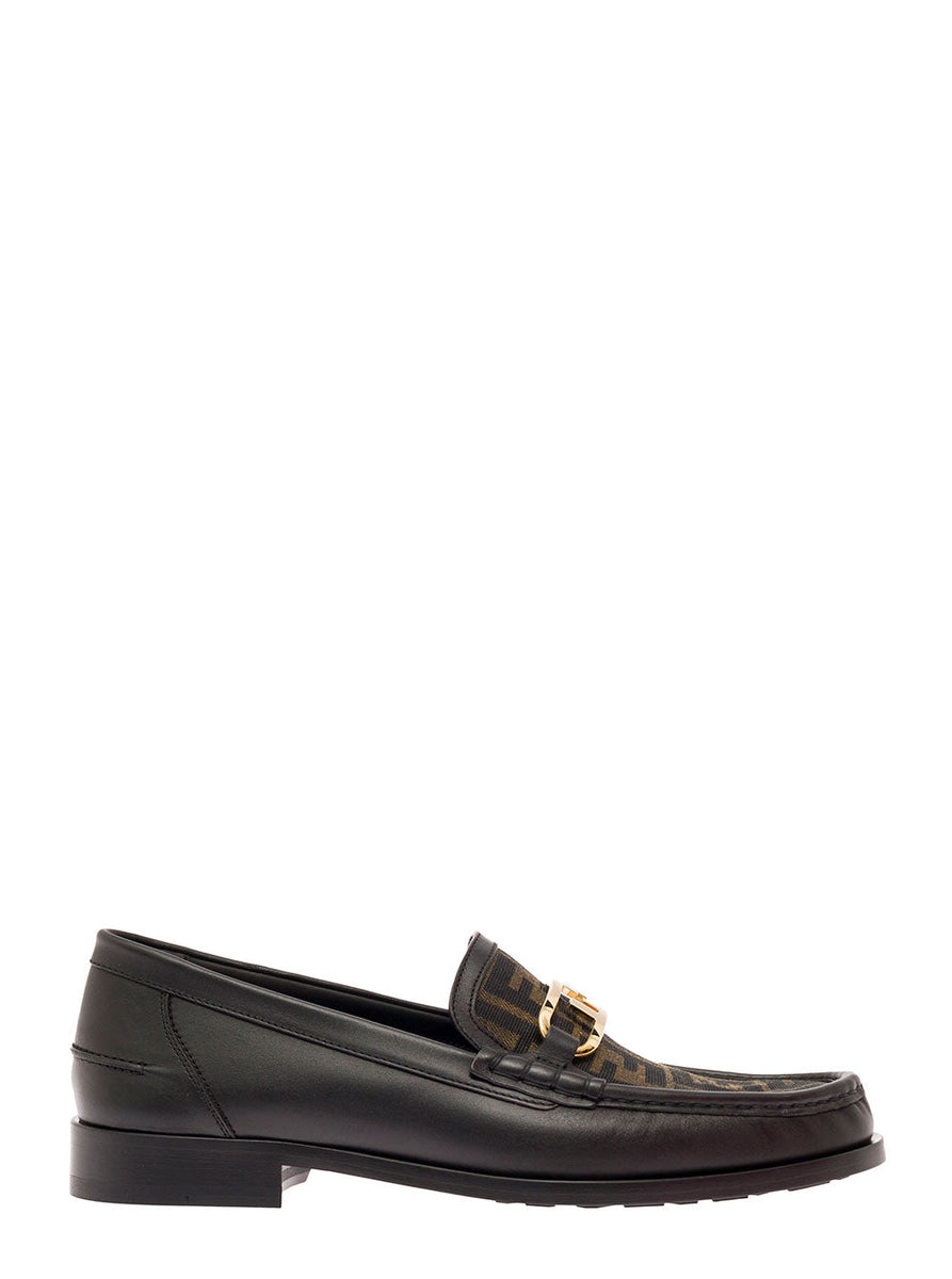 Fendi Men Black Loafers With Ff Logo Plaque And All-Over Ff Motif In Leather Man