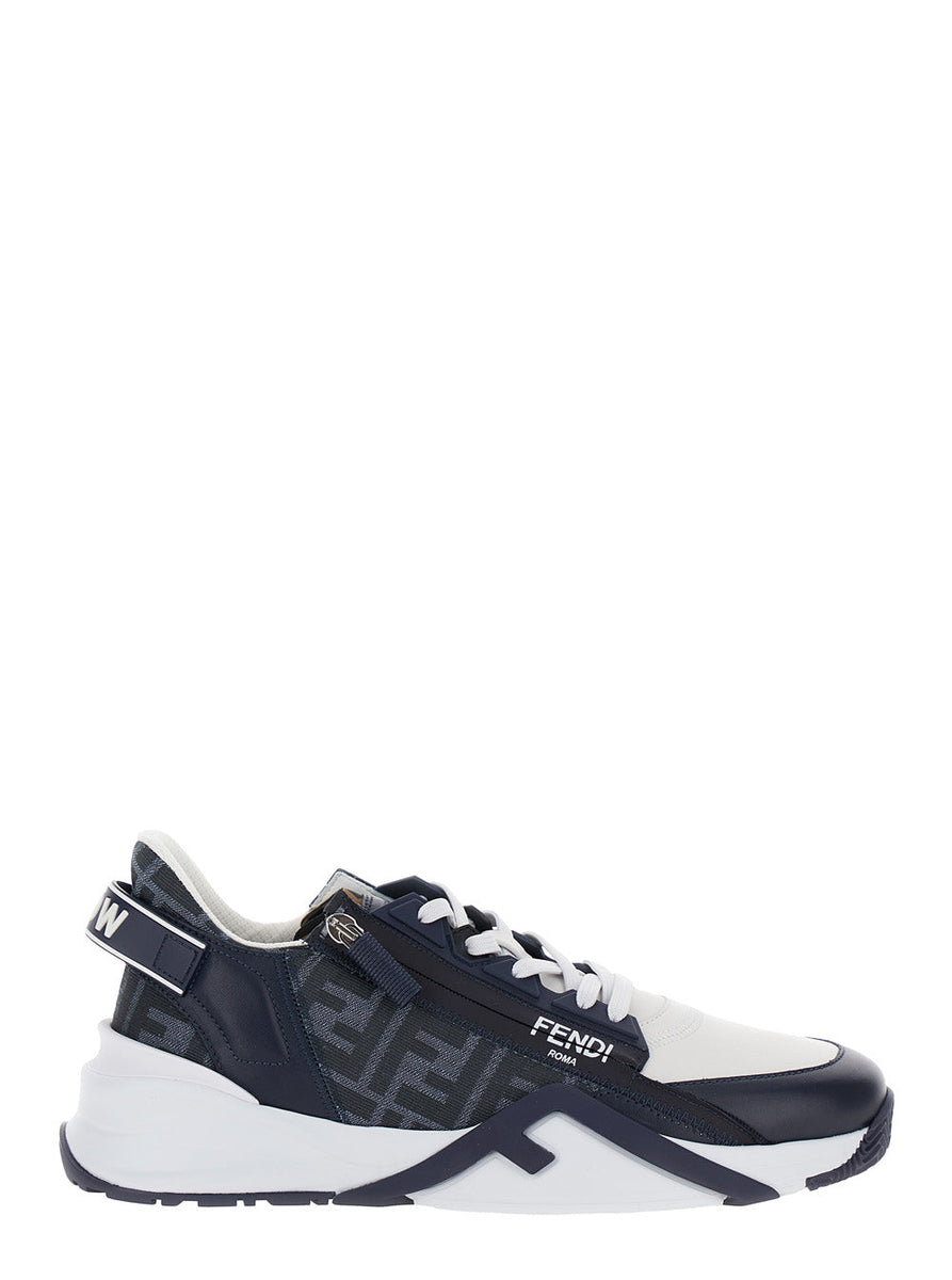 Fendi Men 'Fendi Flow' Blue And White Sneakers With Logo Print In Ff Jacquard And Leather Man