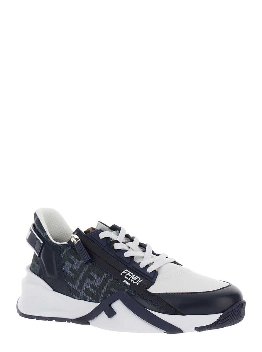 Fendi Men 'Fendi Flow' Blue And White Sneakers With Logo Print In Ff Jacquard And Leather Man