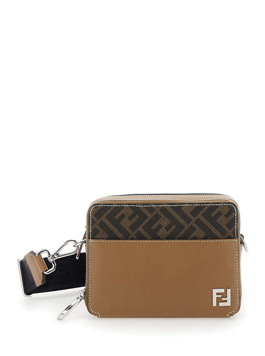 Fendi Men 'Camera Case Organizer' Beige And Brown Crossbody Bag With Ff Motif In Leather And Canvas Man