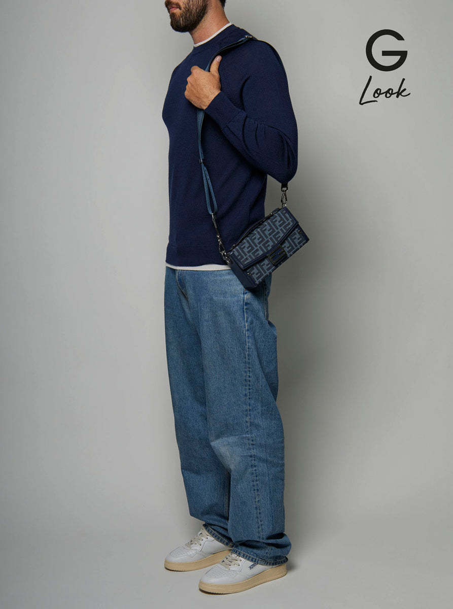 Fendi Men 'Baguette Soft Trunk' Blue Crossbody Bag In Ff Fabric Man
