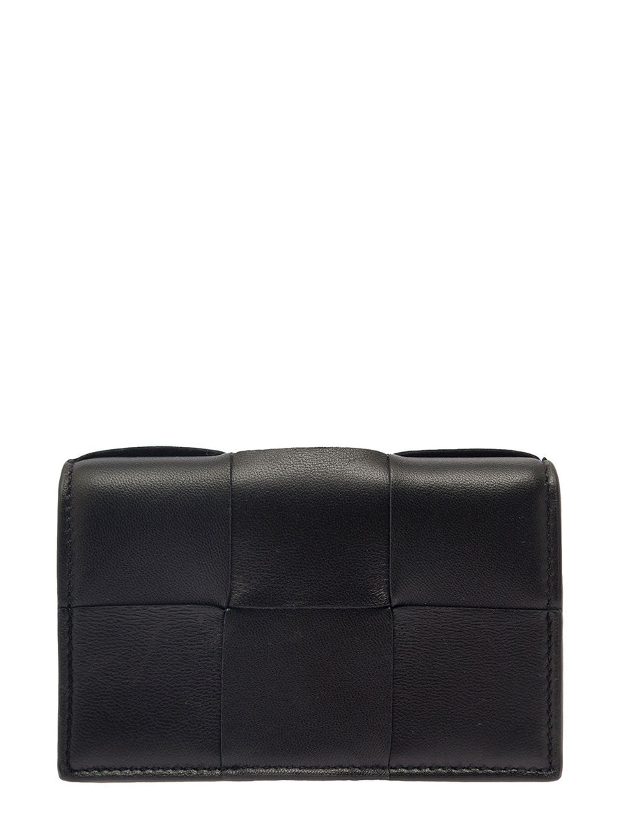 Bottega Veneta Women 'Cassette' Black Business Card Case In Intreccio Leather Woman
