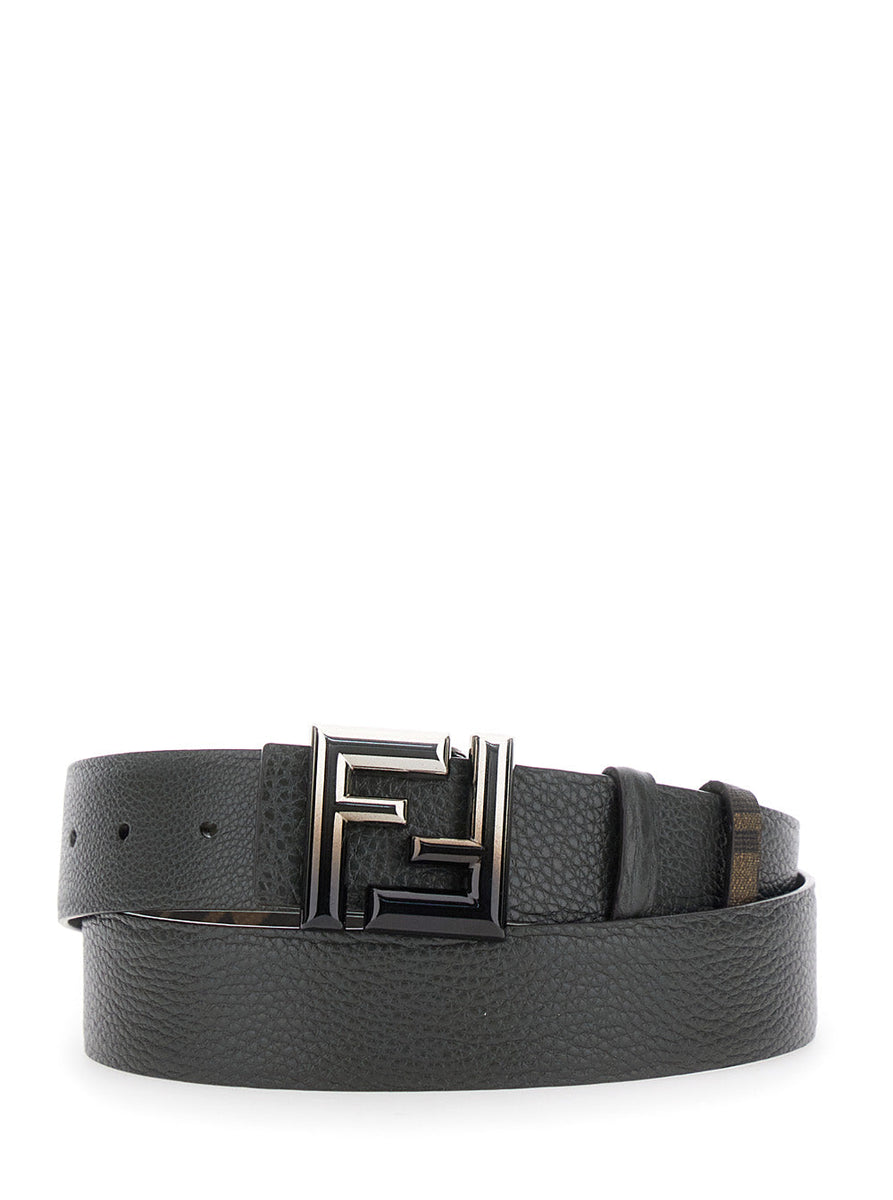 Fendi Men 'Rounde' Green Reversible Belt With Ff Logo Buckle In Leather Man
