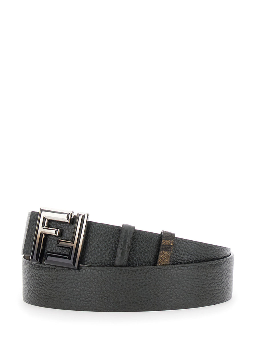Fendi Men 'Rounde' Green Reversible Belt With Ff Logo Buckle In Leather Man