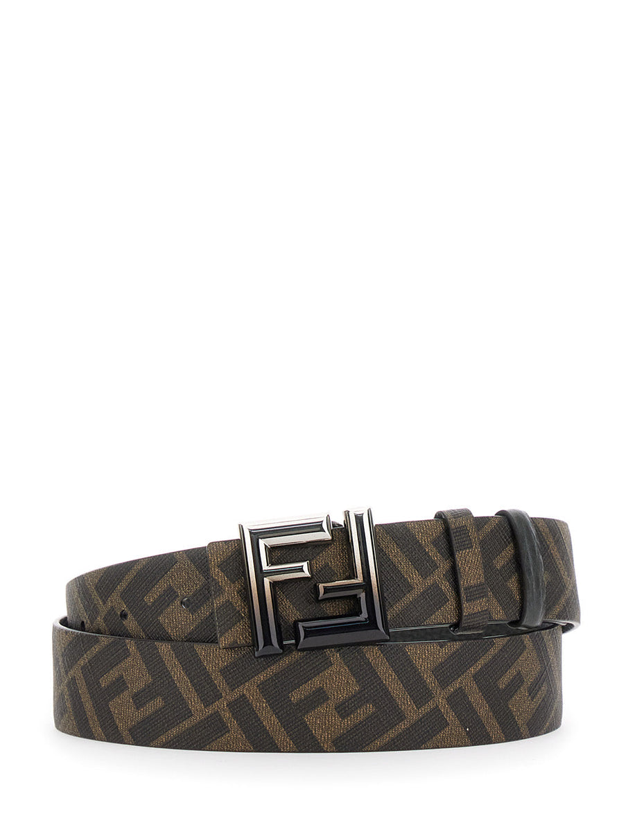Fendi Men 'Rounde' Green Reversible Belt With Ff Logo Buckle In Leather Man