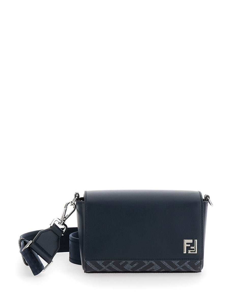 Fendi Men 'Messenger' Midnight Blue Shoulder Bag With Logo Plaque And Ff Motif In Leather And Canvas Man